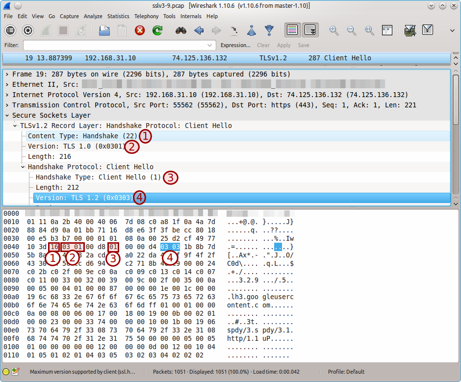 TLSv1.2 handshake in Wireshark